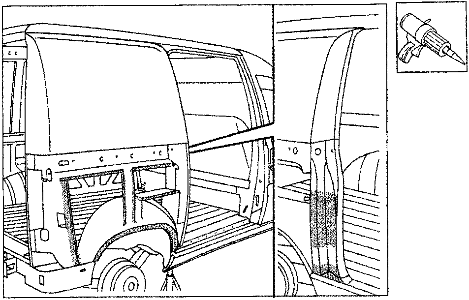 Diagram showing the rear wheelarch area of a van with a shaded section indicating where sealant should be applied between the wheelarch, inner reinforcements and wing. An inset shows a sealant gun.