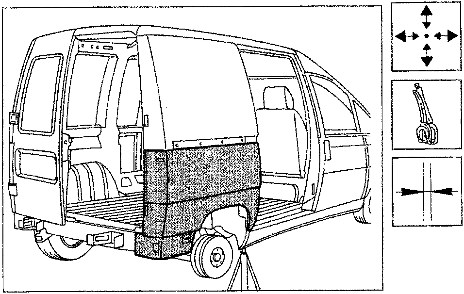 Diagram showing the rear side of a van with a new panel fitted over the wheelarch area. To the right are three small icons: arrows pointing in four directions, a welding tool, and arrows indicating alignment.