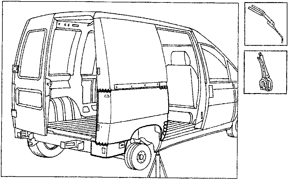 Diagram showing a van with rear panel removed, illustrating bead welding at the corners. Two inset images show a bead welder tool and a spot welding gun. Caption: P4B06AM01