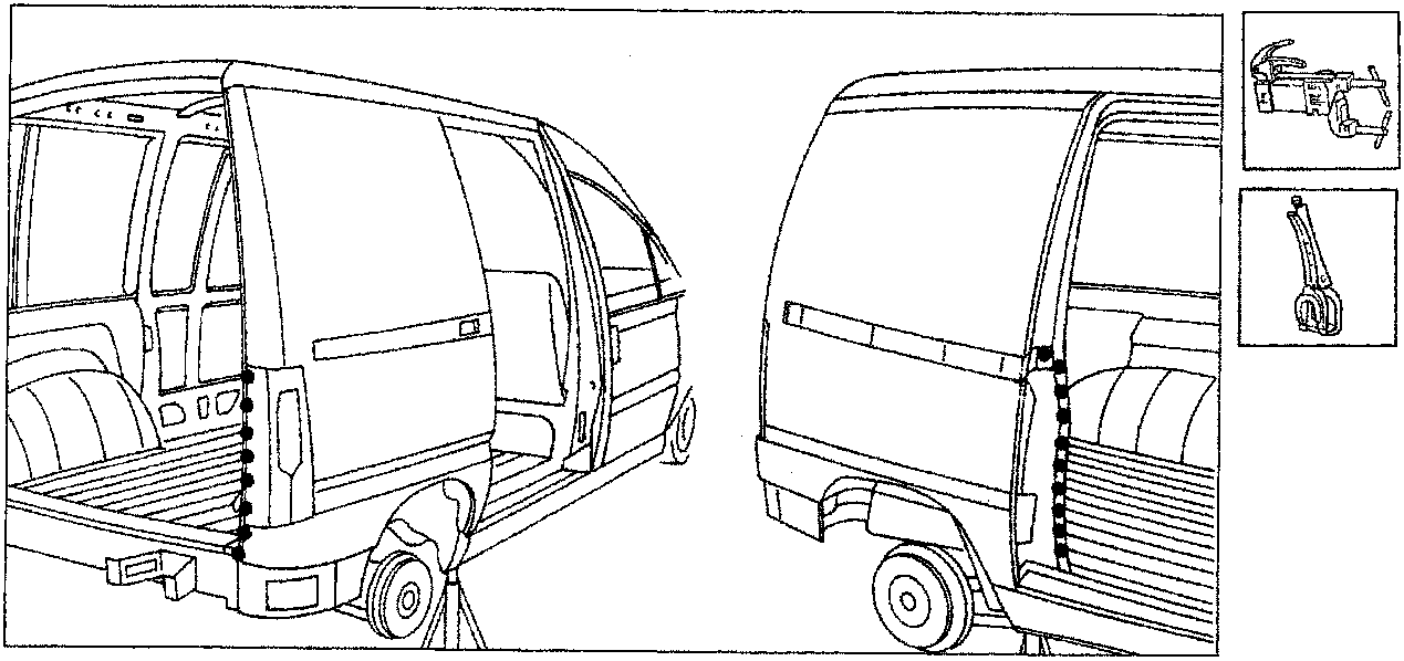 Diagram showing two views of a van rear section with dotted lines indicating spot welding locations on the body panels. Two inset images show a spot welding gun and a bead welder tool. Caption: P4B08AM02