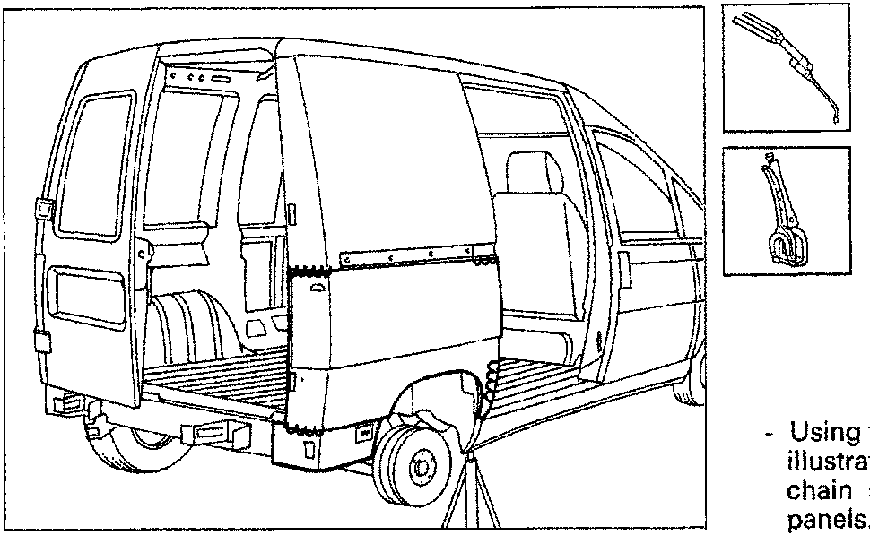 Diagram showing rear of van with weld points indicated, alongside illustrations of a bead welder and spot weld drill. Caption P4B07AM01.