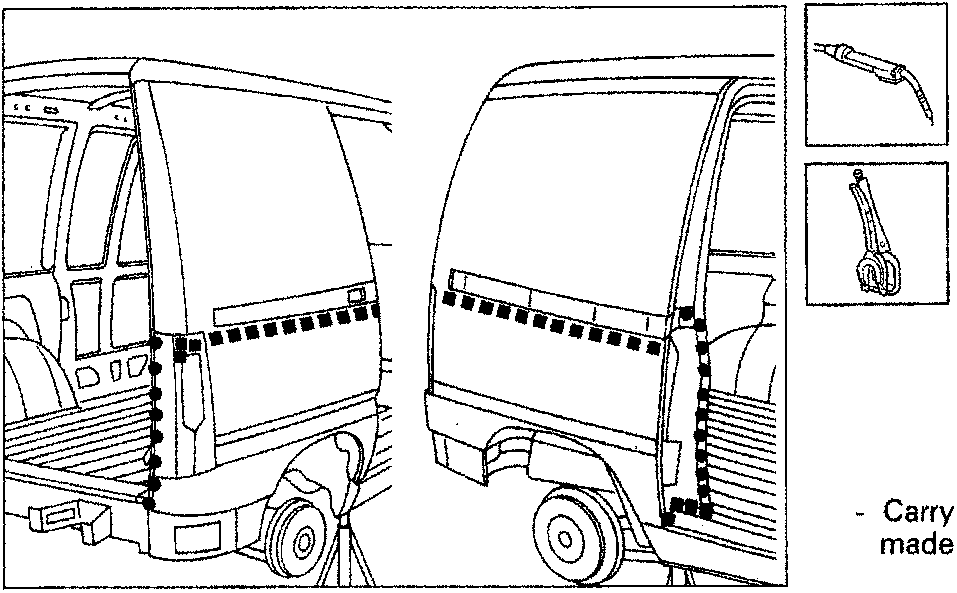 Diagram showing rear of van with fill welding areas marked, alongside illustrations of a MIG torch and spot weld drill. Caption P4B07AM02.
