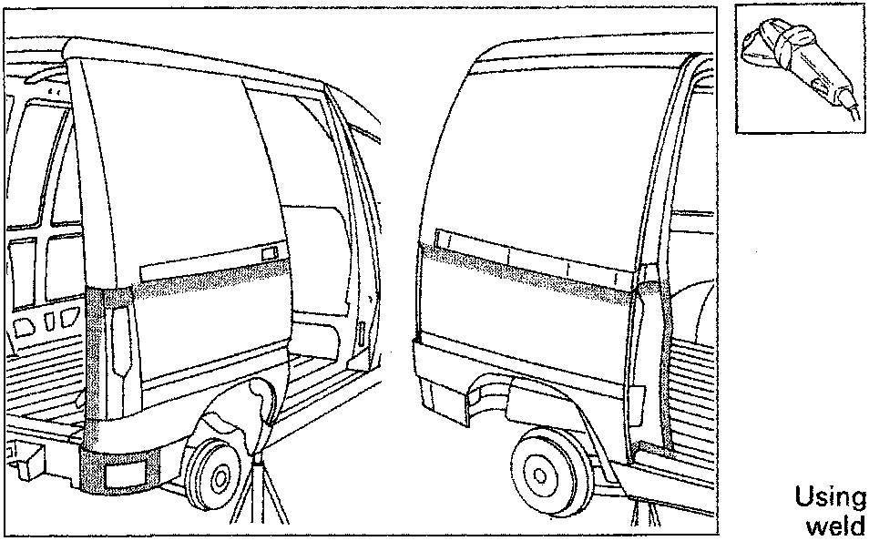 Diagram showing rear of van with smoothed weld areas, alongside an illustration of a disc grinder. Caption P4B07AM03.