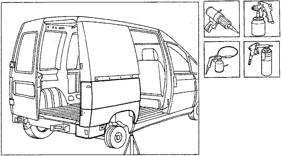 Line drawing of a van rear section with inset images of spray guns and applicators