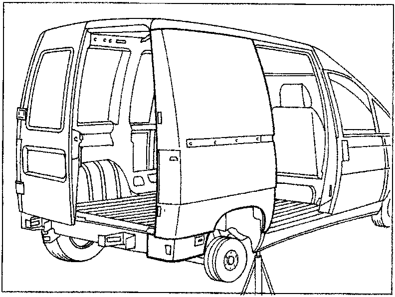 Line drawing of the rear section of a van with the rear wheel arch and wing area highlighted for replacement