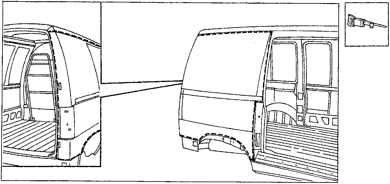 Line drawing showing the cut line on the rear wing and a close-up detail of the cutting tool being used to separate the panel from the sealant