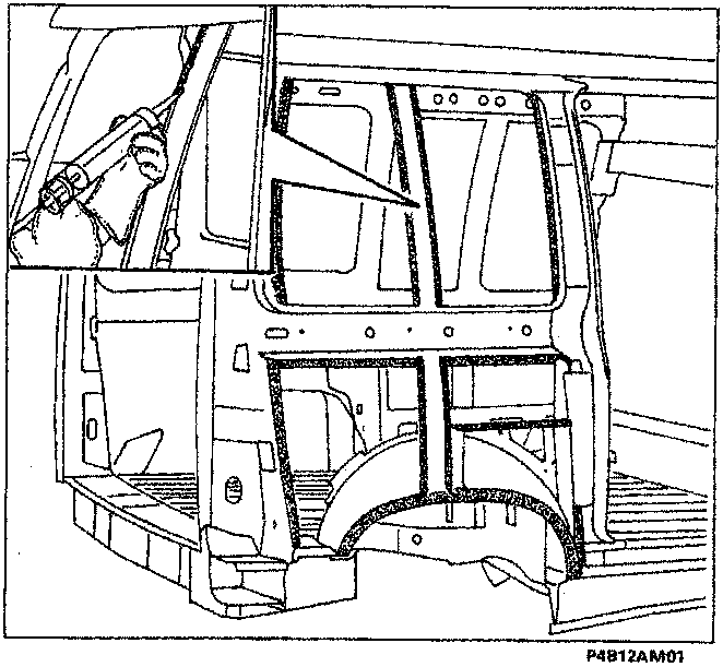 Diagram showing the rear corner and wheel arch area of the vehicle body with a hand applying sealant to the joint.