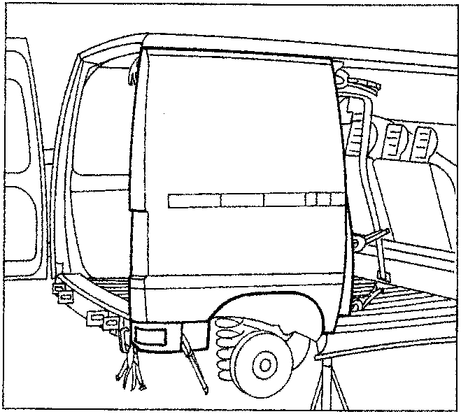 Diagram showing the rear of the vehicle with the tailgate open, supported by a stand, indicating alignment with the body panel.
