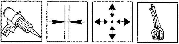 Sequence of four icons: a spot welding gun, arrows indicating inward movement, arrows indicating multi-directional adjustment, and a plier-type tool.