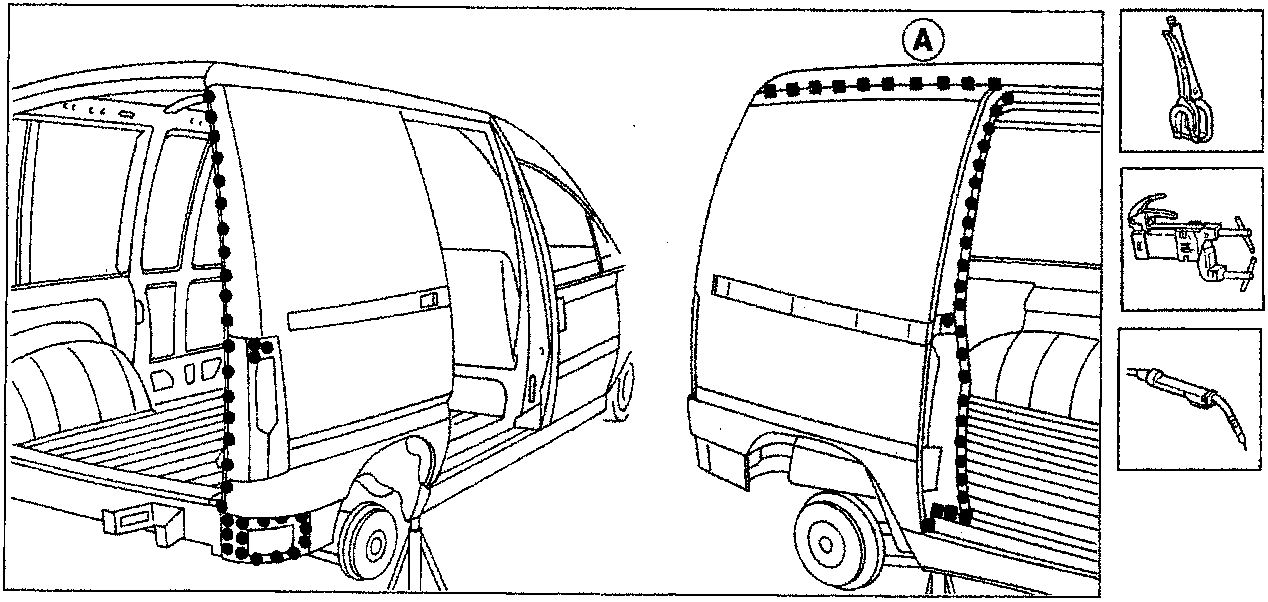 Two views of the vehicle rear showing weld locations (dotted lines) along the vertical pillar and top edge (marked A), alongside illustrations of welding tools.