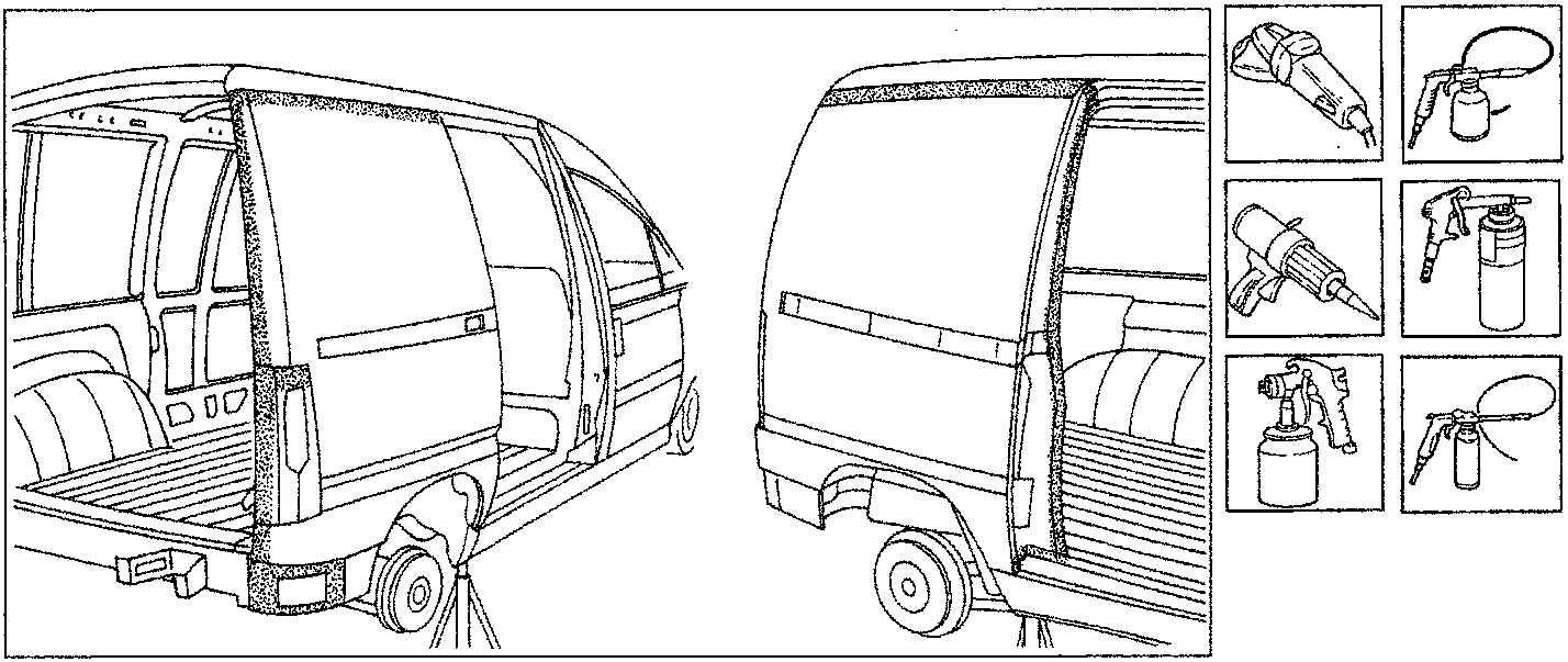 Line drawing of a van rear showing tailgate and side panel removal, alongside six inset images of pneumatic grinding and sanding tools.