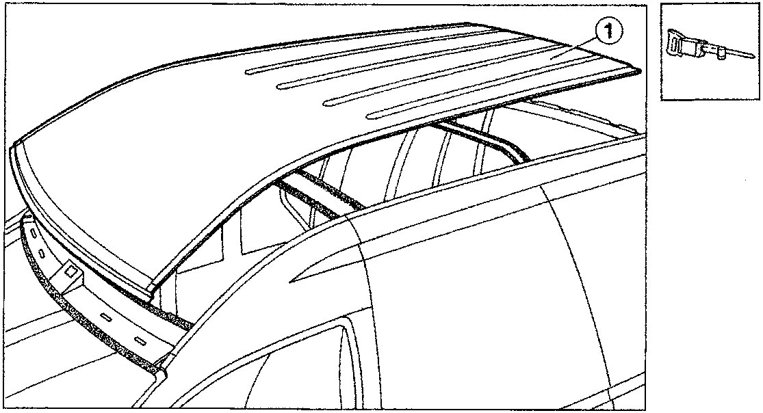 Line drawing showing the removal of the roof panel (1) from the vehicle frame using a tool