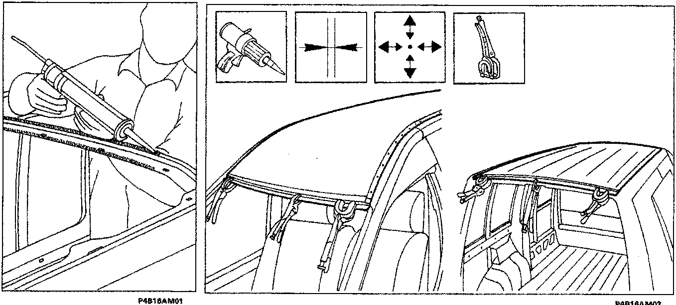 Diagram showing application of sealant to a roof panel frame, alignment checks, and the roof panel being positioned on the vehicle body.
