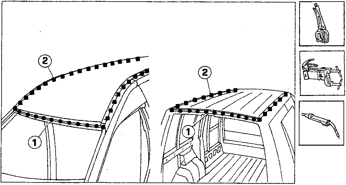 Diagram illustrating spot welding (1) along the roof panel flange and bead fill welding (2) along the roof edge, with tool icons shown on the right.
