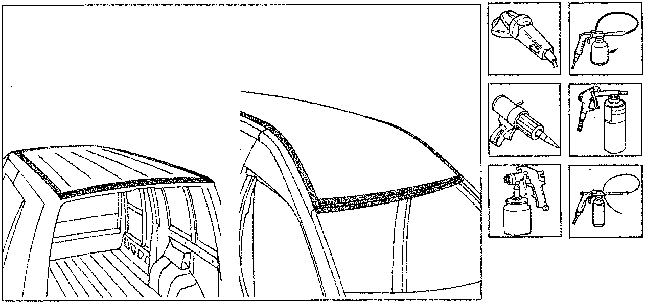 Diagram showing a vehicle roof panel with tools for grinding and painting depicted in inset boxes. Figure code P4B17AM01.