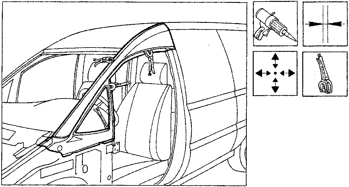 Diagram showing the alignment of a new door panel on the vehicle, with inset icons illustrating spot welding, gap measurement, alignment checks, and a wrench tool.