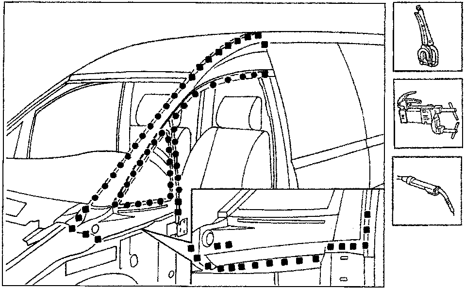 Diagram showing the weld seam locations (dotted lines) for the new door panel, with inset icons illustrating a wrench, spot welding gun, and bead fill welding torch.