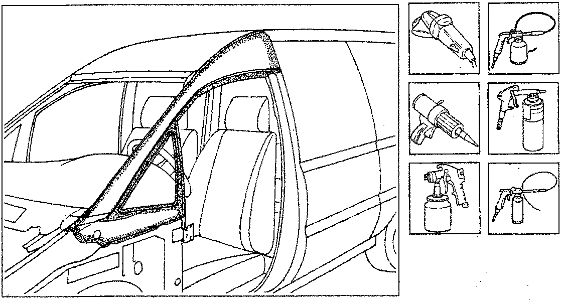 Diagram showing the A-pillar and roof area of a vehicle, alongside six small illustrations of pneumatic finishing tools including grinders and sanders.