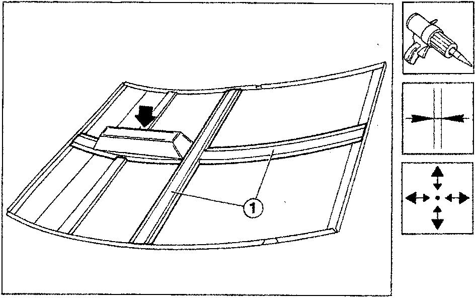 Diagram showing reinforcement parts (1) placed on a central side panel with a weight applied to hold them in place during sealant drying. Three small icons on the right depict a tool, a cross-section view, and directional arrows.