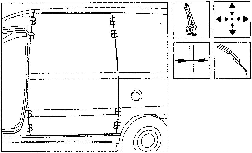 Diagram showing a vehicle side panel with spot weld locations indicated along the edges, accompanied by icons of welding tools and alignment arrows. Caption: P4B25AM01