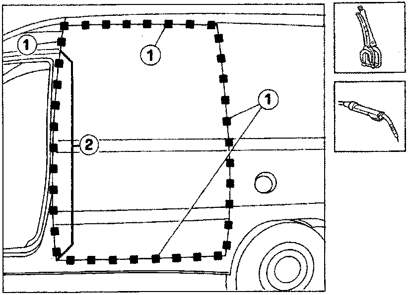 Diagram showing a vehicle side panel with weld bead paths marked by dashed lines. Callout 1 indicates welds from inside, callout 2 indicates welds from outside. Accompanied by icons of welding tools. Caption: P4B25AM02