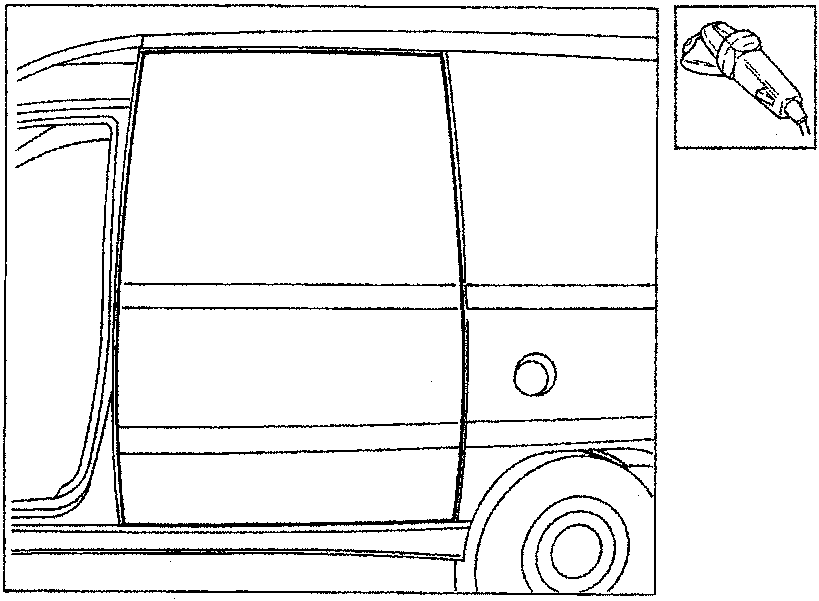 Line drawing of a vehicle side panel showing a sliding door, with an inset illustration of a grinding tool.