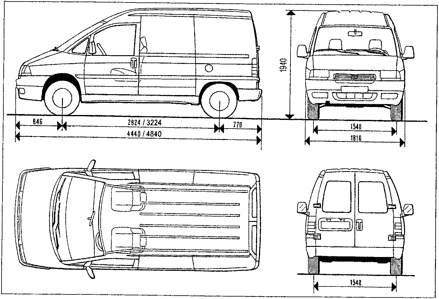 Technical drawing of a long wheelbase glazed van showing side, front, top, and rear views with dimension lines for length, width, height, and wheelbase.