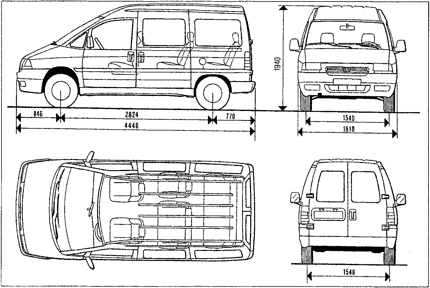 Technical drawing of the Combi van showing side, front, top and rear views with dimension lines for length, width, height and wheelbase.