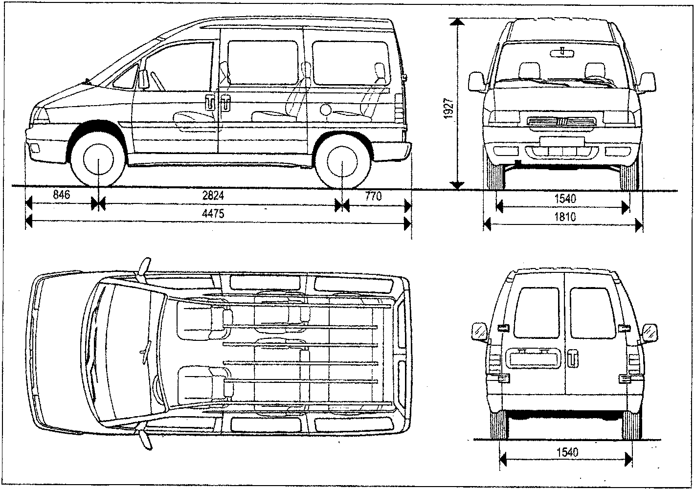 Technical drawing of a Scudo Combi vehicle showing side, front, top, and rear views with dimension lines indicating measurements in millimeters.