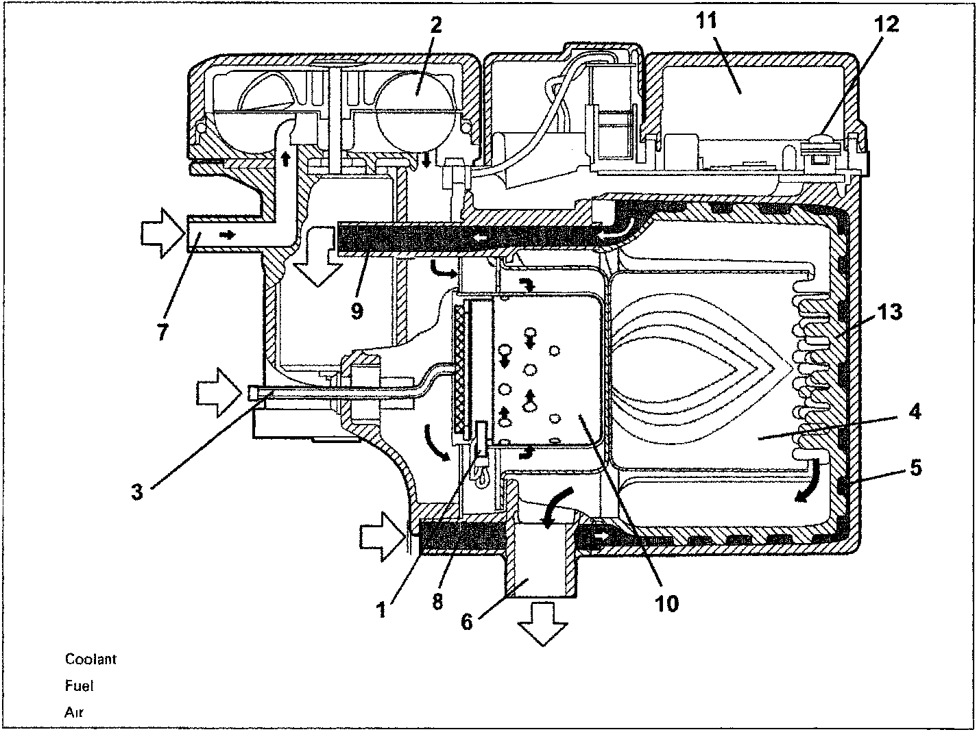 Cross-section diagram of the additional heater showing internal components including the combustion chamber, burner, heat exchanger, and fluid passages. A legend indicates Coolant, Fuel, and Air flow paths. Numbered callouts identify parts 1 through 13.
