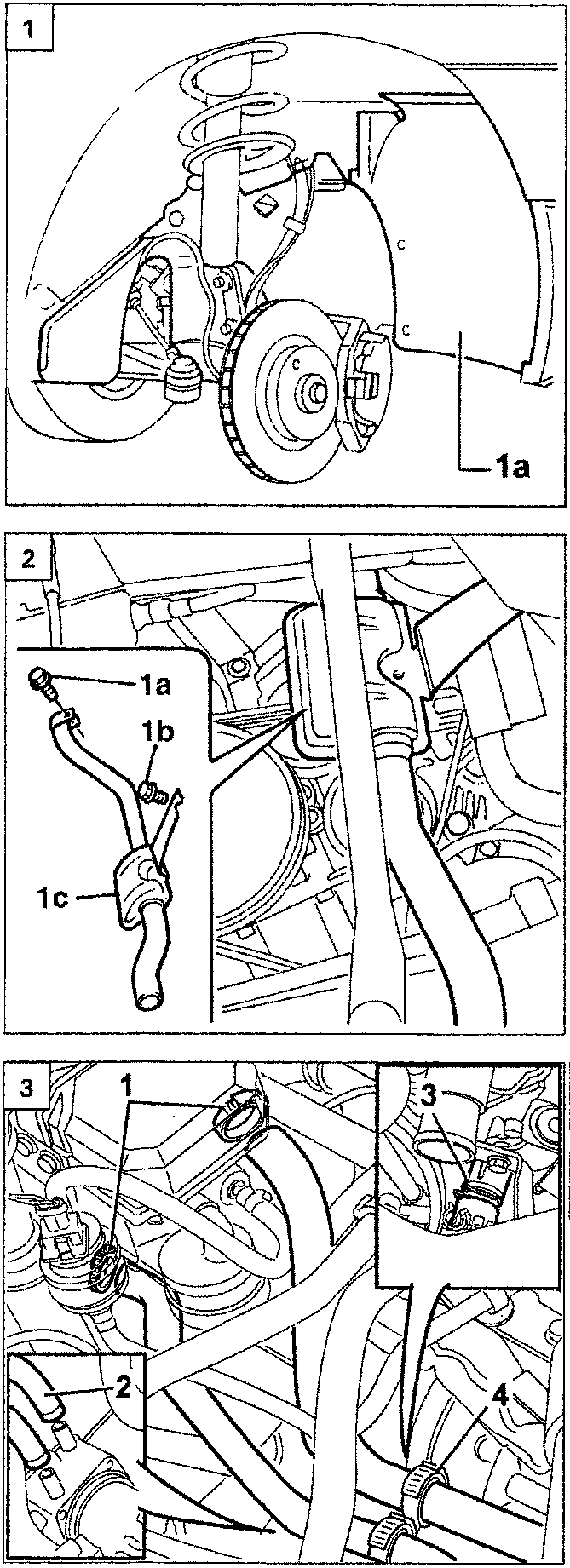 Diagram showing the right wheel arch area with callout labels 1a, 1b, and 1c indicating exhaust pipe and bracket locations