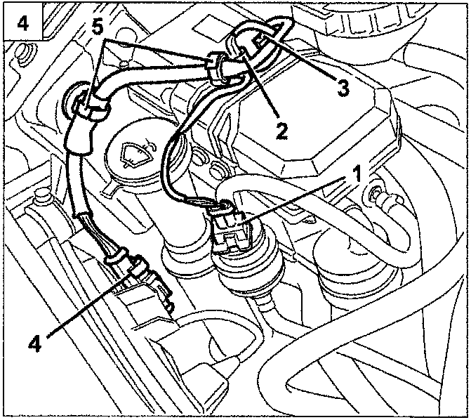 Diagram of the additional heater cable loom and connections with callout labels 1, 2, 3, 4, and 5