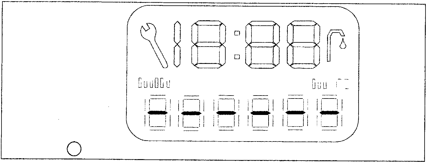 Diagram of the instrument display showing a wrench icon, digital time readout, and mileage digits with a circle indicator at the bottom left.