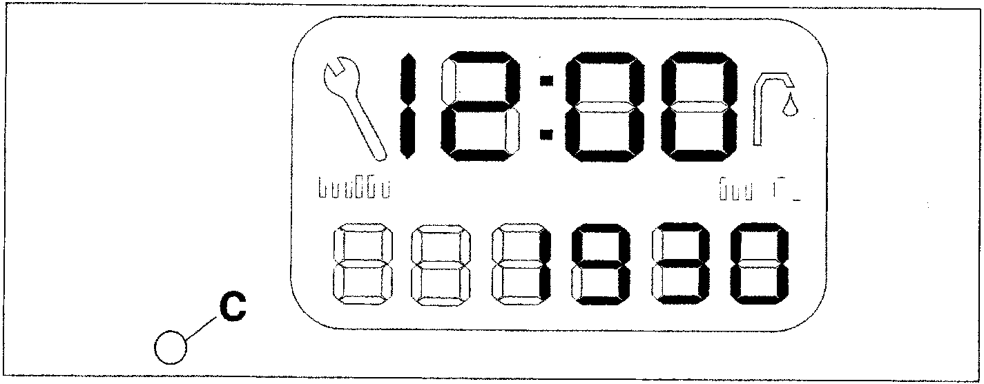 Diagram of the instrument display showing a wrench icon, digital time readout, and mileage digits with a circle labeled C at the bottom left.