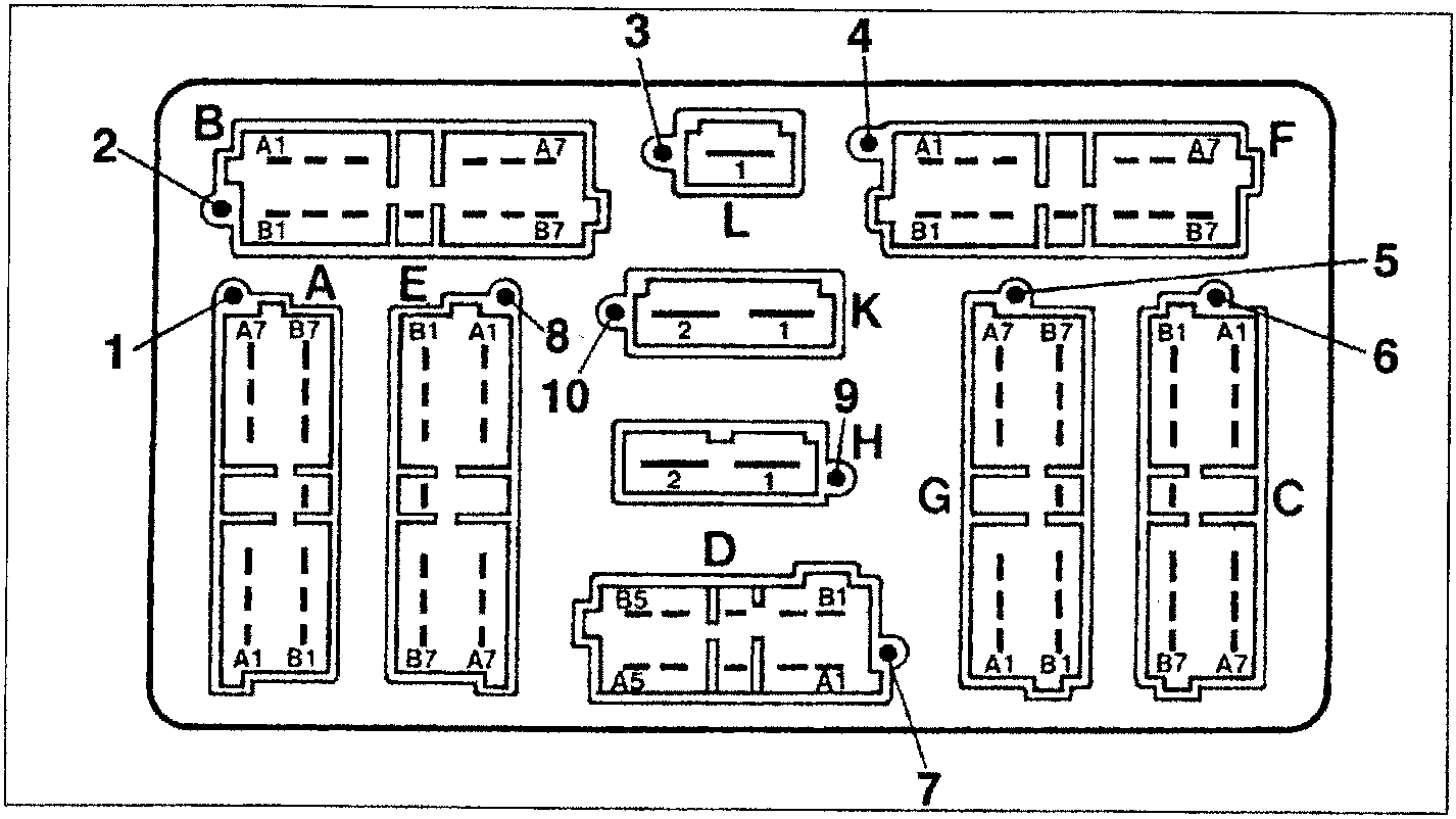 Rear view diagram of the junction unit in the BF00 dashboard showing ten numbered connectors labeled A through L with pin references A1, B1, A7, B7, and A5. Callout numbers 1 through 10 point to specific connector locations.