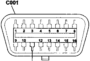 Diagram of the 16-pin connector IC001 showing pin numbering 1 through 16.