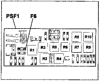 Diagram of the junction unit PSF1 showing relays R1, R2, R3, R4, R6, R7, R8, R9, R10 and connector F6.