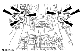 Step 51: Remove the 2 nuts, 4 bolts and the subframe support brackets.