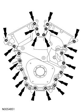 Step 98: Remove the 22 engine front cover bolts.