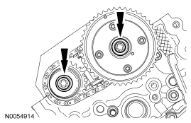 Step 118: Remove and discard the RH VCT assembly bolt and the RH exhaust camshaft sprocket bolt.