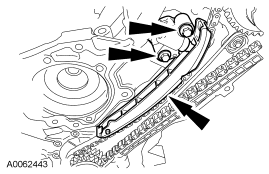 Step 37: Remove the bolts, the LH timing chain tensioner and tensioner arm.