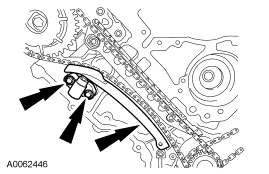 Step 38: Remove the bolts, the RH timing chain tensioner and tensioner arm.
