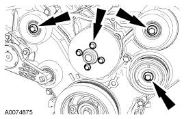 Step 23: Remove the bolts, the coolant pump pulley and the 3 accessory drive belt idler pulleys.