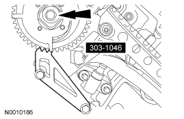 Step 41: Using the special tool, remove the bolt and the RH VCT phaser sprocket assembly.