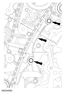 Step 10: Remove the 2 bolts and the lower LH primary timing chain guide.