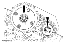 Step 13: Remove and discard the LH VCT assembly bolt and the LH exhaust camshaft sprocket bolt.