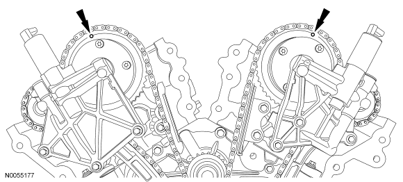 Step 2: Rotate the crankshaft clockwise and align the timing marks on the variable camshaft timing (VCT) assemblies as s
