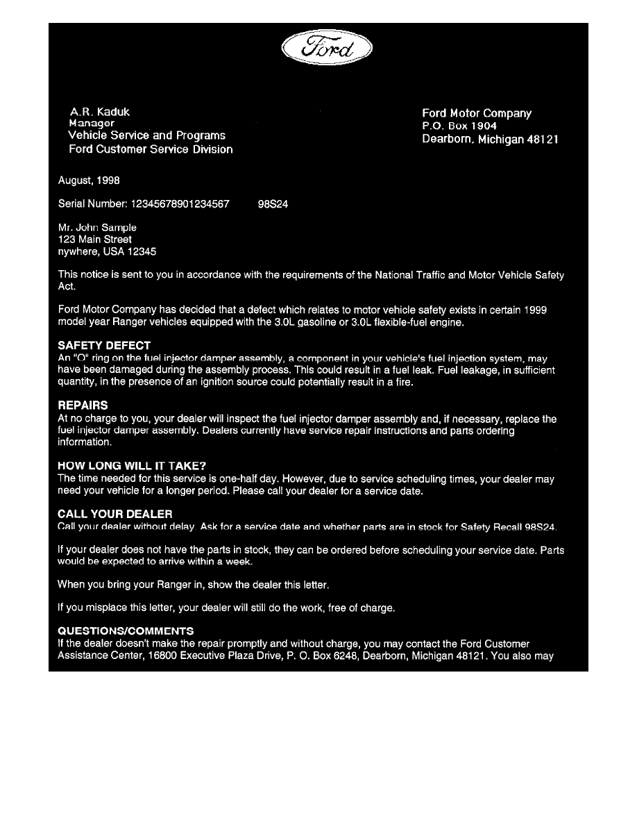 ... Component Information > Technical Service Bulletins > All Technical Service Bulletins for Fuel Pressure Pulsation Damper: > 98S24 > Aug > 98 > Recall ...