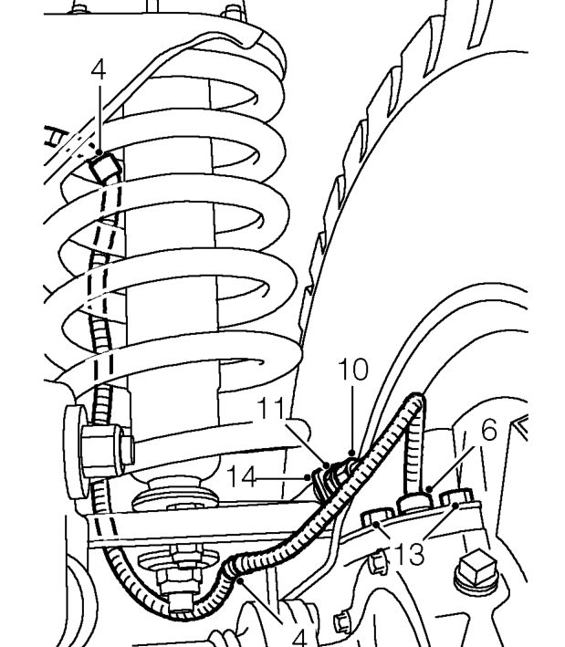 Wheel speed sensor - front – Using 2 spanners, loosen brake pipe to hose union and disconnect.