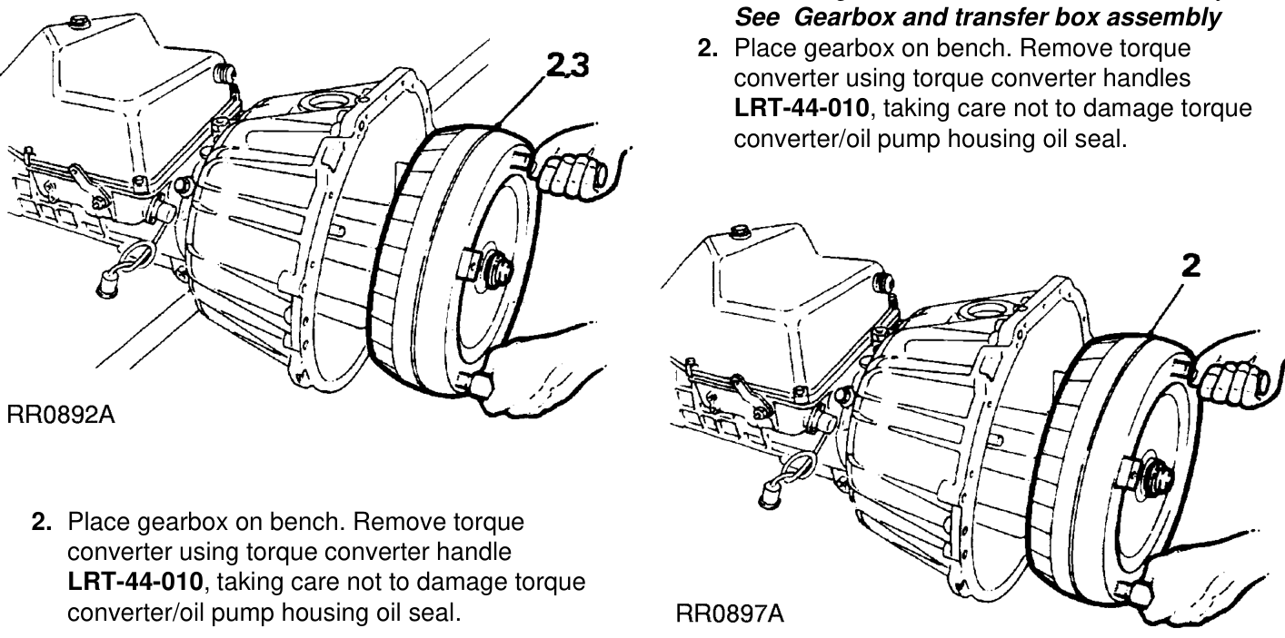 Torque converter pump and main housing – Remove gearbox and transfer box assembly, See Gearbox and transfer box assembly